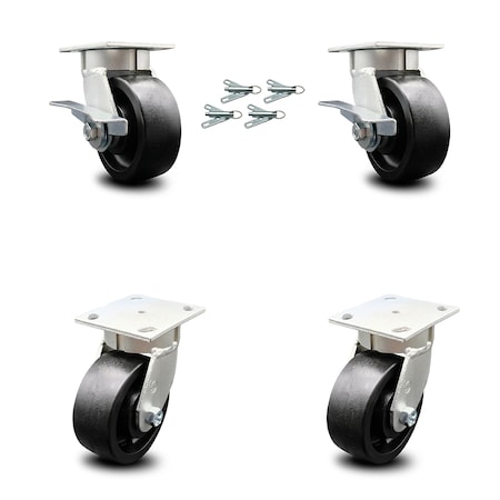 Service Caster 5 Inch Kingpinless Glass Filled Nylon Wheel Caster Swivel Locks 2 Brakes, 4PK SCC-KP30S520-GFNR-SLB-BSL-2-BSL-2